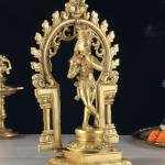 Pure Brass Lord Krishna with Celestial Aura Prabhavali Idol - 12.5" Height, Golden Finish